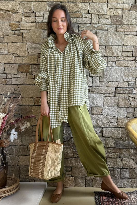 Nonni Gingham Poet Blouse Olive